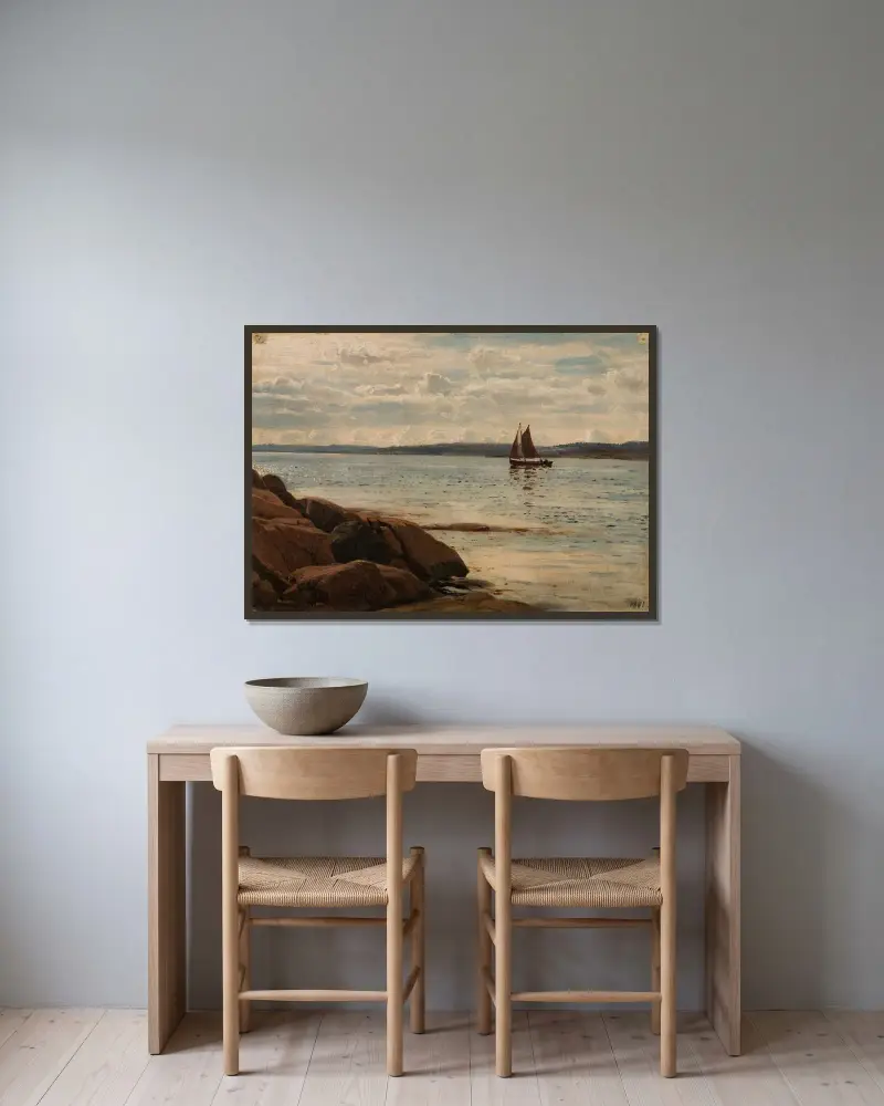 Strandparti, Hvaler av Amaldus Nielsen inramad på en vägg
