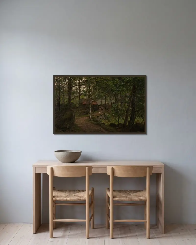 Under träden, Hoven vid Mandal av Amaldus Nielsen inramad på en vägg