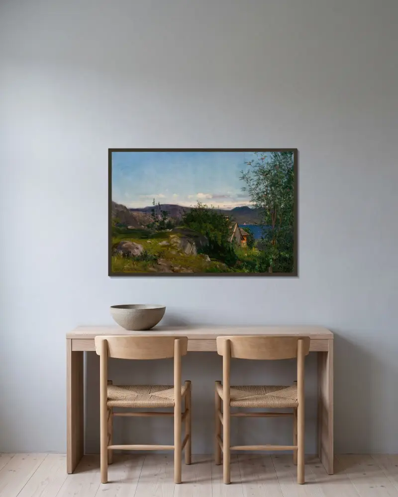 Vid Gjermundshavn, Hardanger av Amaldus Nielsen inramad på en vägg
