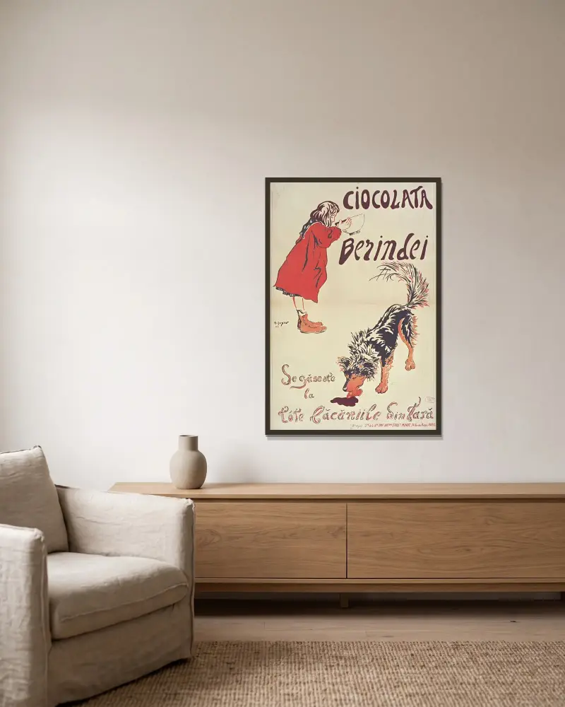 Ciocolata Berindei. Segaseste la lete lacaniile Sin Tara affiche av Amédée Joyau inramad på en vägg