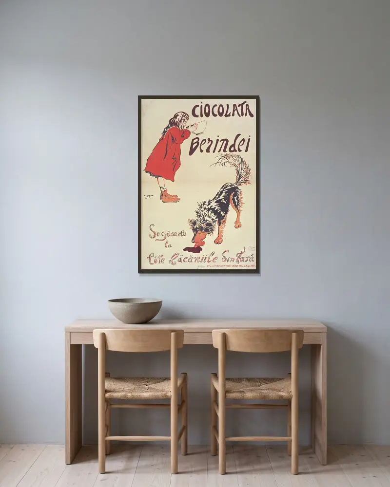 Ciocolata Berindei. Segaseste la lete lacaniile Sin Tara affiche av Amédée Joyau inramad på en vägg