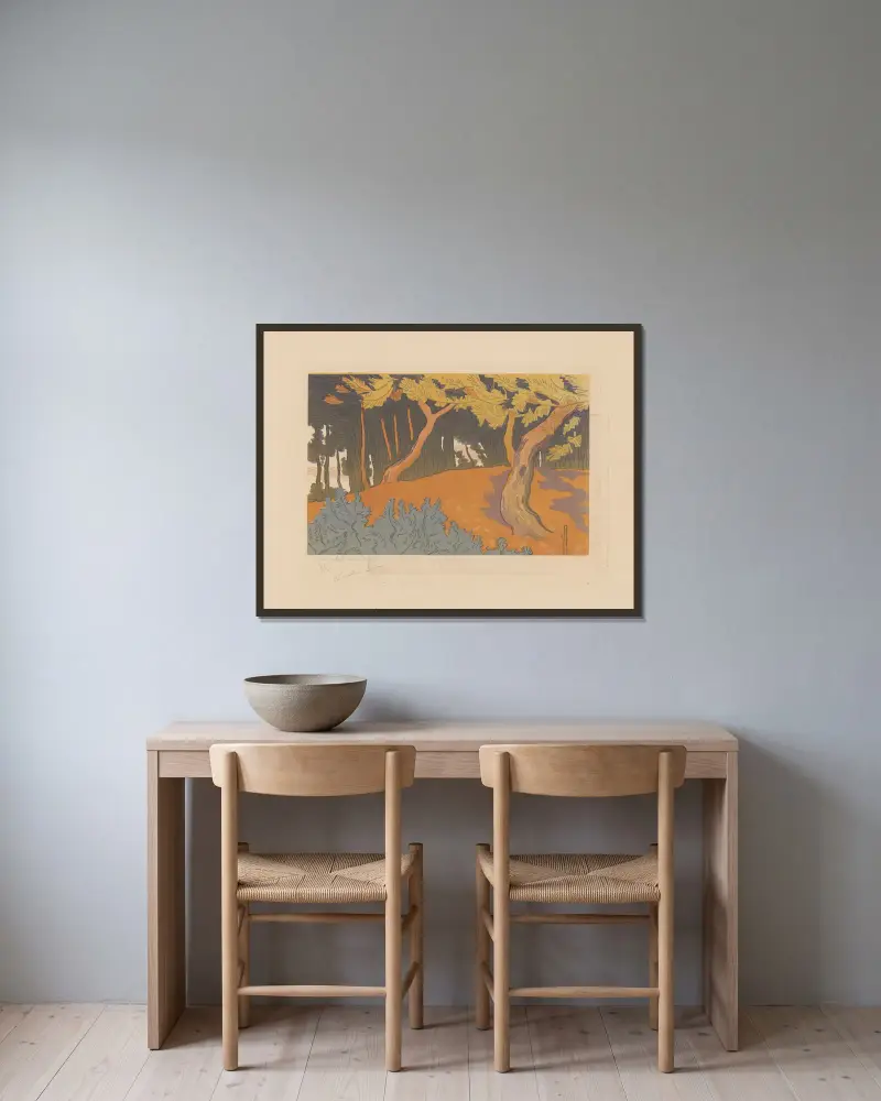 Kiefern. Sonnenuntergang (Le Touquet, Pas-de-Calais) von Amédée Joyau gerahmt an einer Wand