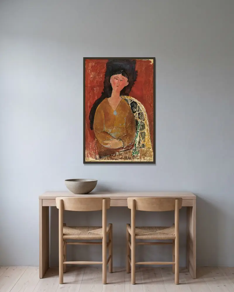 Beatrice Hastings assise av Amedeo Modigliani inramad på en vägg