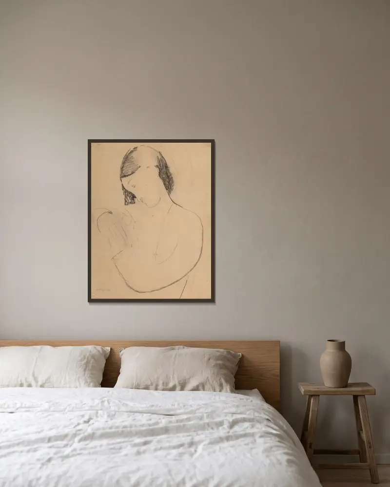Busta di donna con testa di profile av Amedeo Modigliani inramad på en vägg
