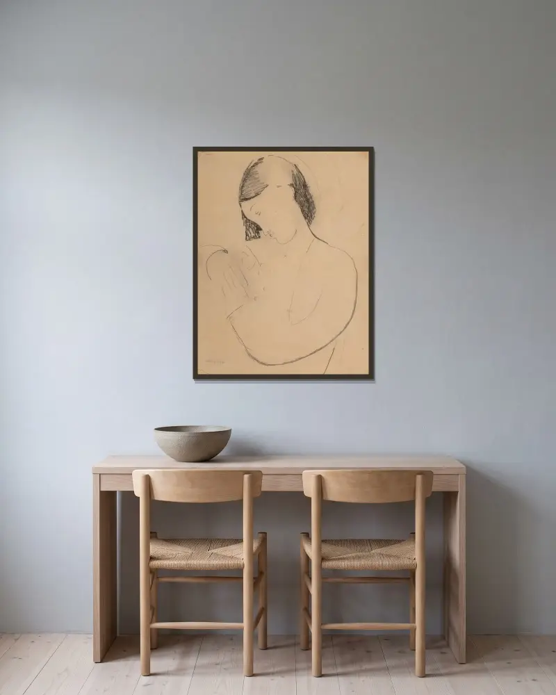 Busta di donna con testa di profile av Amedeo Modigliani inramad på en vägg