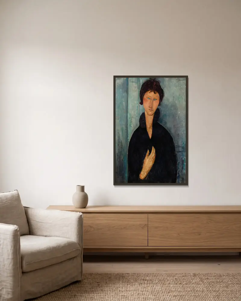 Femme aux yeux bleus av Amedeo Modigliani inramad på en vägg