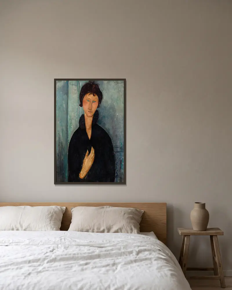 Femme aux yeux bleus av Amedeo Modigliani inramad på en vägg