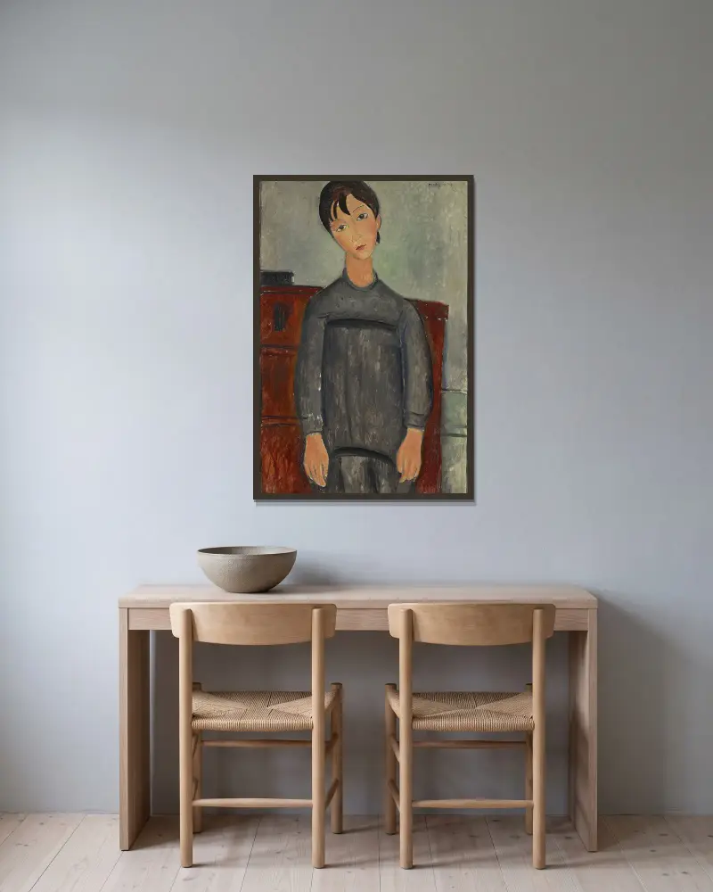 Girl Standing In Black Pinafore av Amedeo Modigliani inramad på en vägg