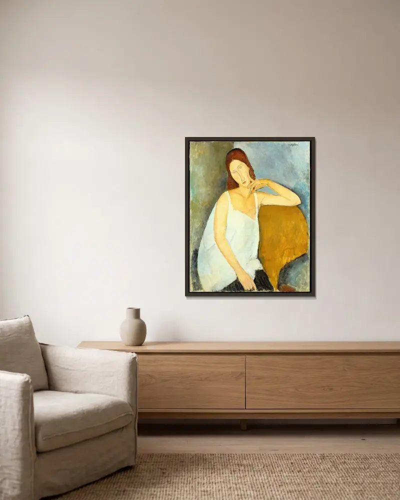 Jeanne Hébuterne, 1919 av Amedeo Modigliani inramad på en vägg