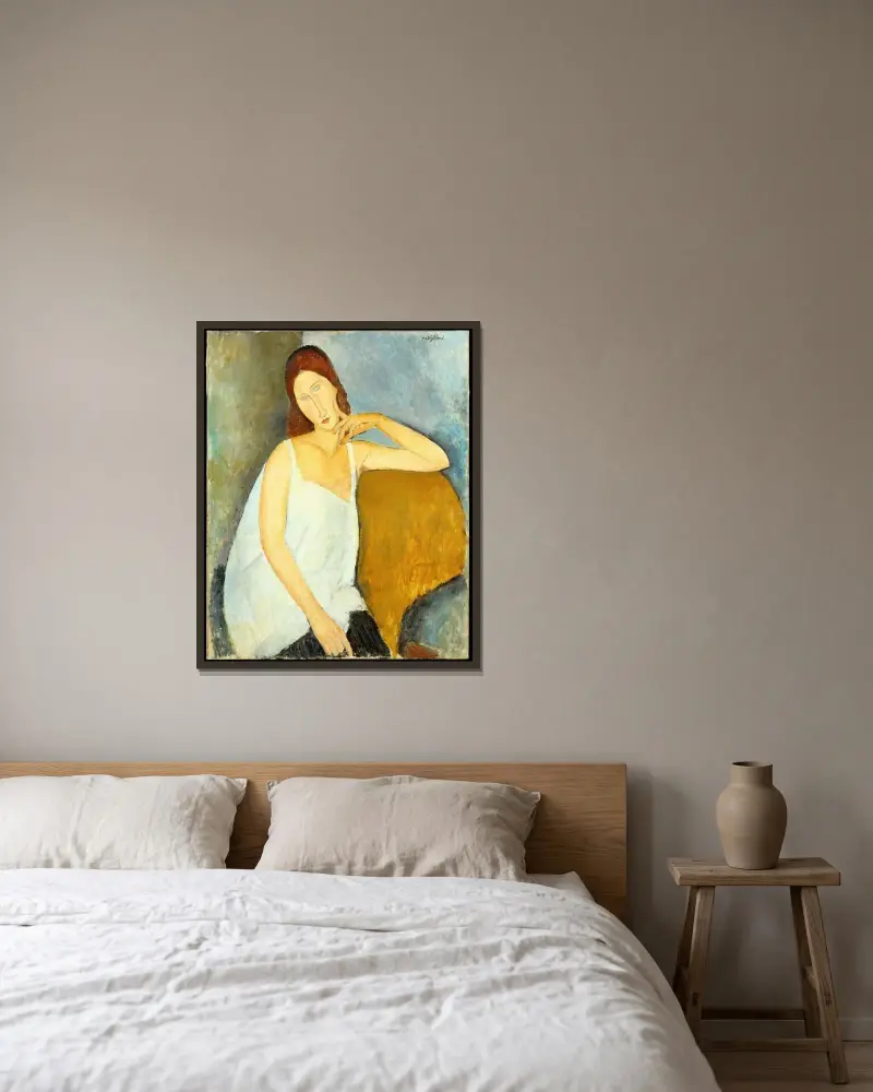 Jeanne Hébuterne, 1919 av Amedeo Modigliani inramad på en vägg