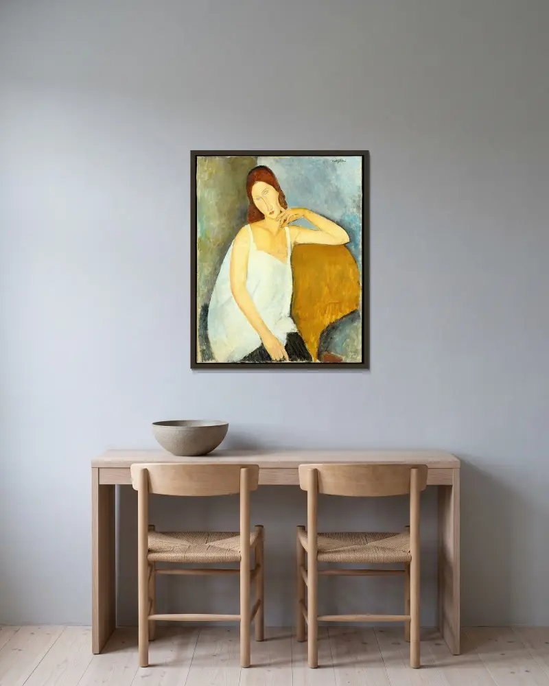 Jeanne Hébuterne, 1919 av Amedeo Modigliani inramad på en vägg