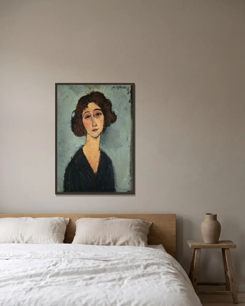 Jeune Femme av Amedeo Modigliani inramad på en vägg
