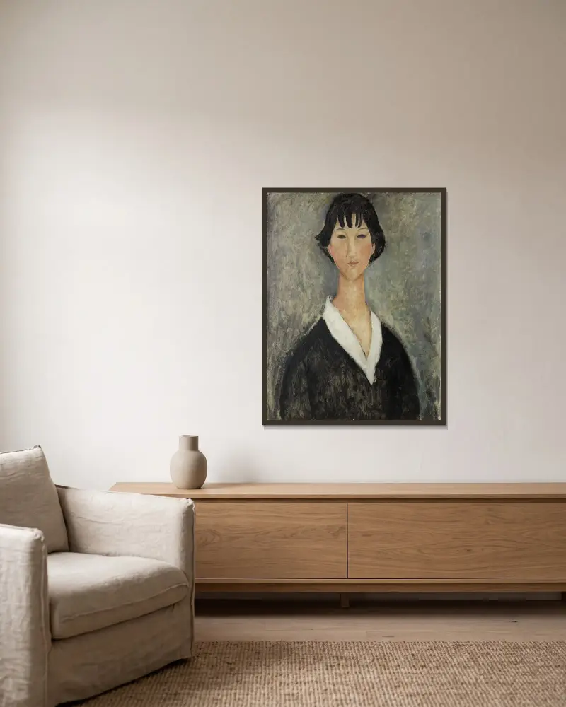 Jeune Fille Aux Cheveux Noirs av Amedeo Modigliani inramad på en vägg