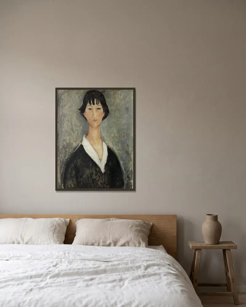 Jeune Fille Aux Cheveux Noirs av Amedeo Modigliani inramad på en vägg