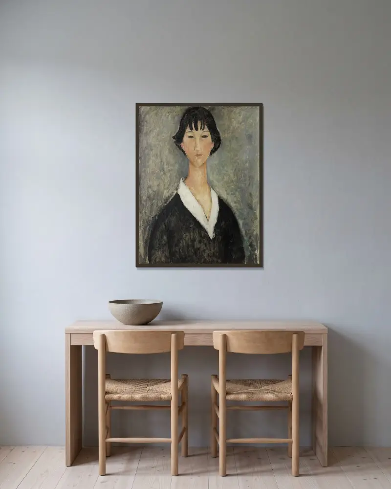 Jeune Fille Aux Cheveux Noirs av Amedeo Modigliani inramad på en vägg