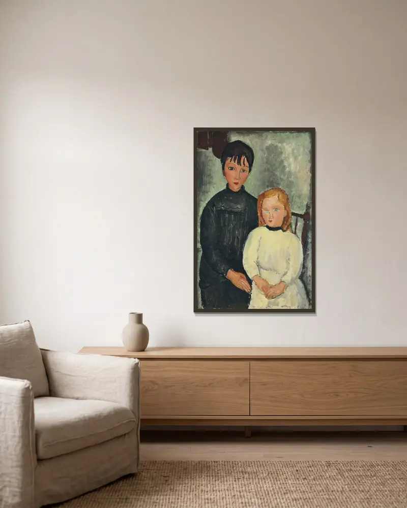 Die beiden Mädchen von Amedeo Modigliani gerahmt an einer Wand