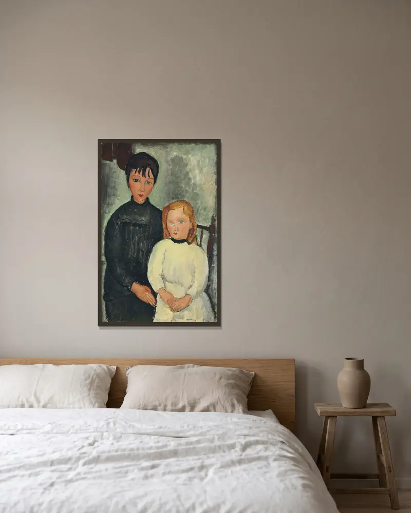 Die beiden Mädchen von Amedeo Modigliani gerahmt an einer Wand