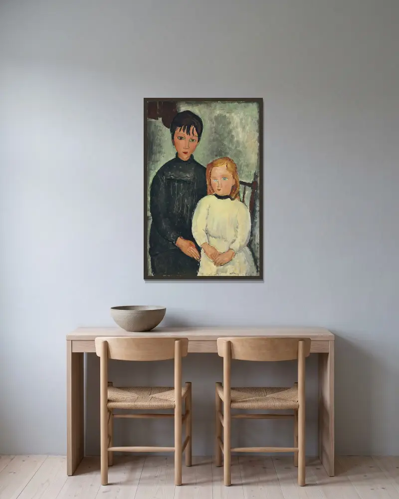 Die beiden Mädchen von Amedeo Modigliani gerahmt an einer Wand