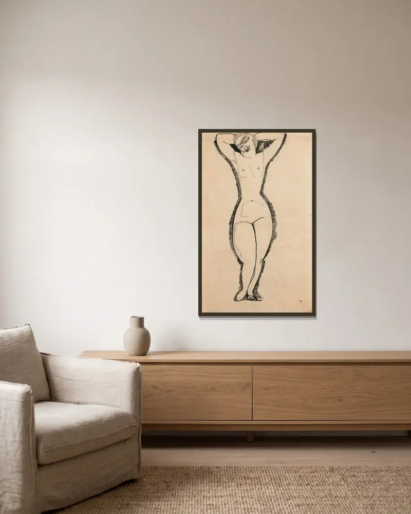 Akt von vorn, erhobene Arme von Amedeo Modigliani gerahmt an einer Wand
