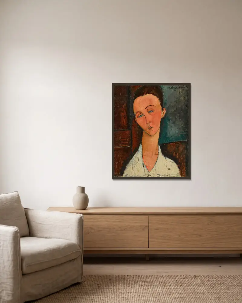 Portrait de Lunia Czechowska av Amedeo Modigliani inramad på en vägg