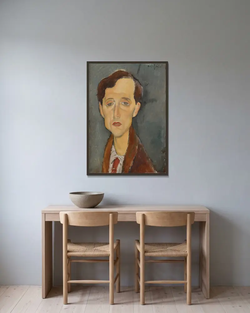 Portrait of Frans Hellens av Amedeo Modigliani inramad på en vägg