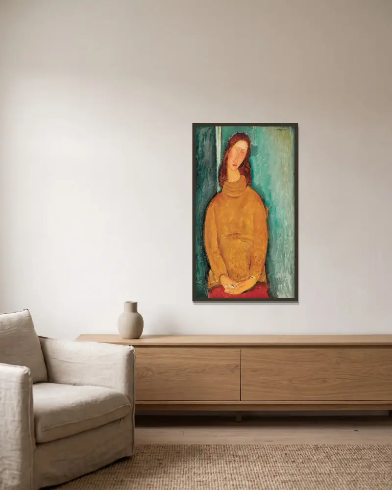 Portrait Of Jeanne Hébuterne – nr 1 av Amedeo Modigliani inramad på en vägg
