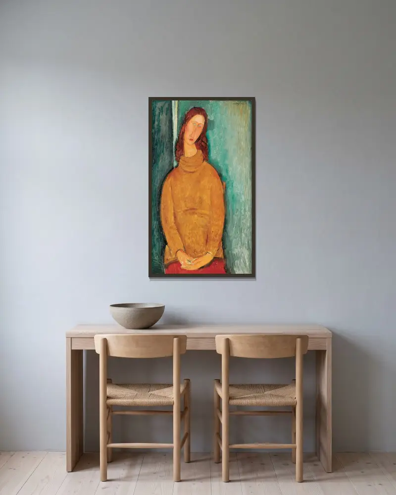 Portrait Of Jeanne Hébuterne – nr 1 av Amedeo Modigliani inramad på en vägg
