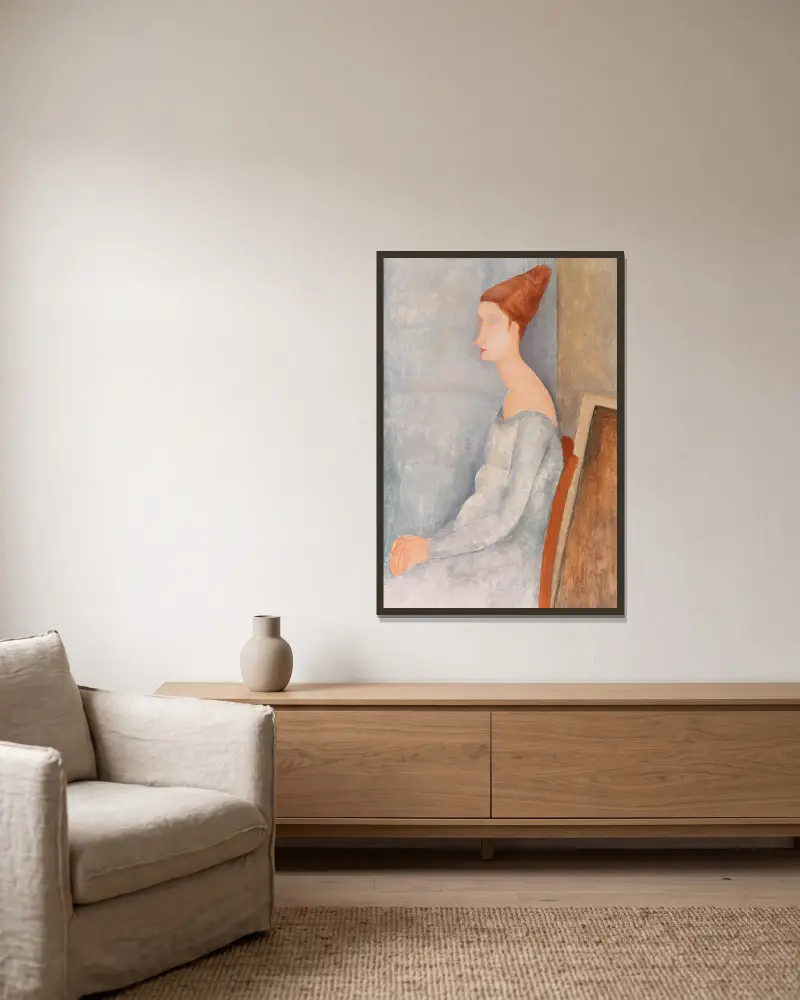Portrait of Jeanne Hébuterne, 1918 av Amedeo Modigliani inramad på en vägg