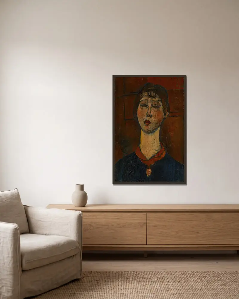 Portrait Of Madame Dorival av Amedeo Modigliani inramad på en vägg