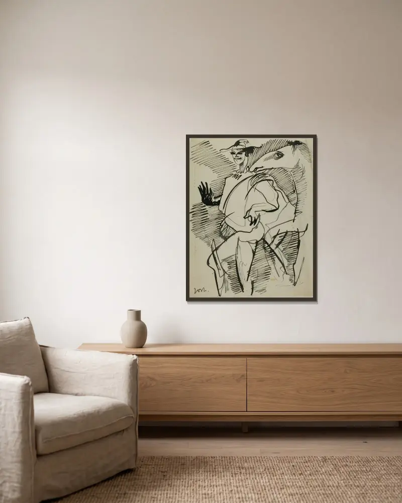 Mann mit Pferd von Anders Zorn gerahmt an einer Wand