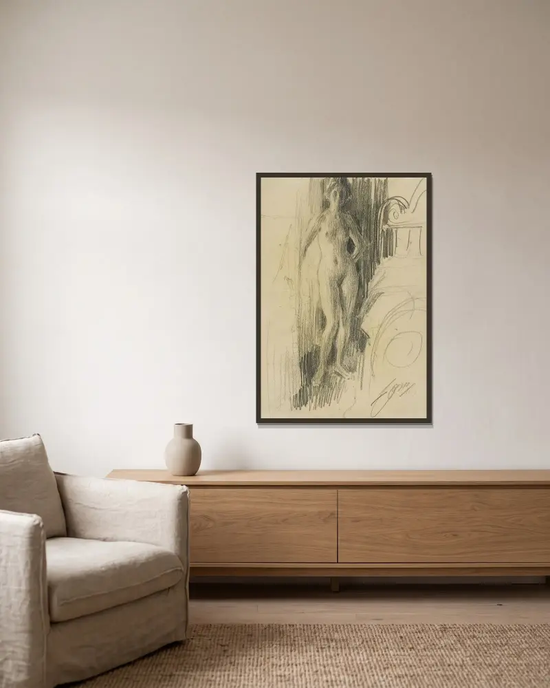 Naken figur stående vid en säng av Anders Zorn inramad på en vägg