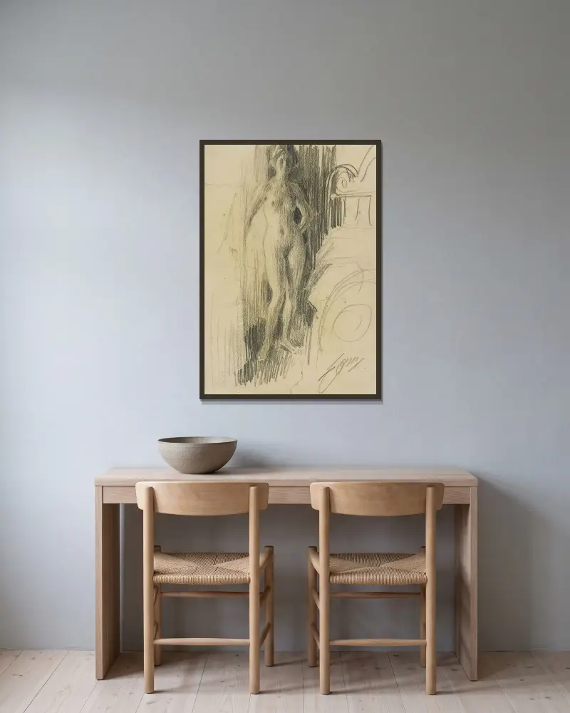 Naken figur stående vid en säng av Anders Zorn inramad på en vägg