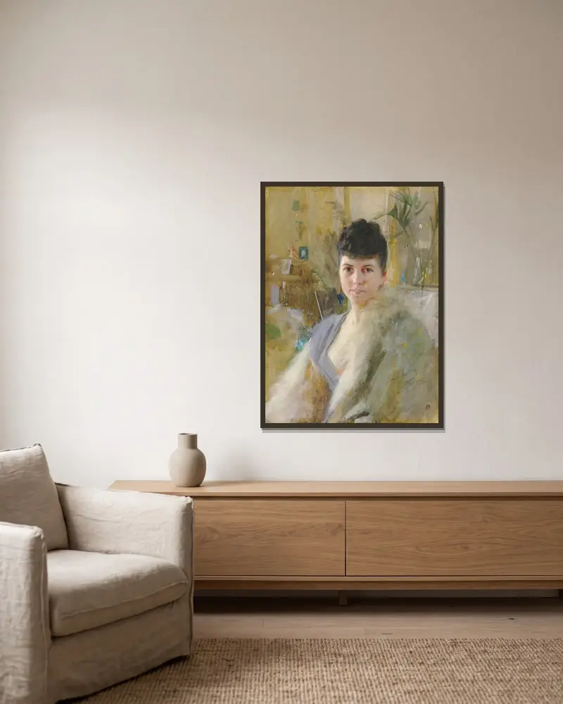 Porträtt av en dam i en salong av Anders Zorn inramad på en vägg