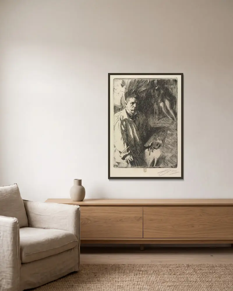 Porträtt av konstnären och hans modell av Anders Zorn inramad på en vägg