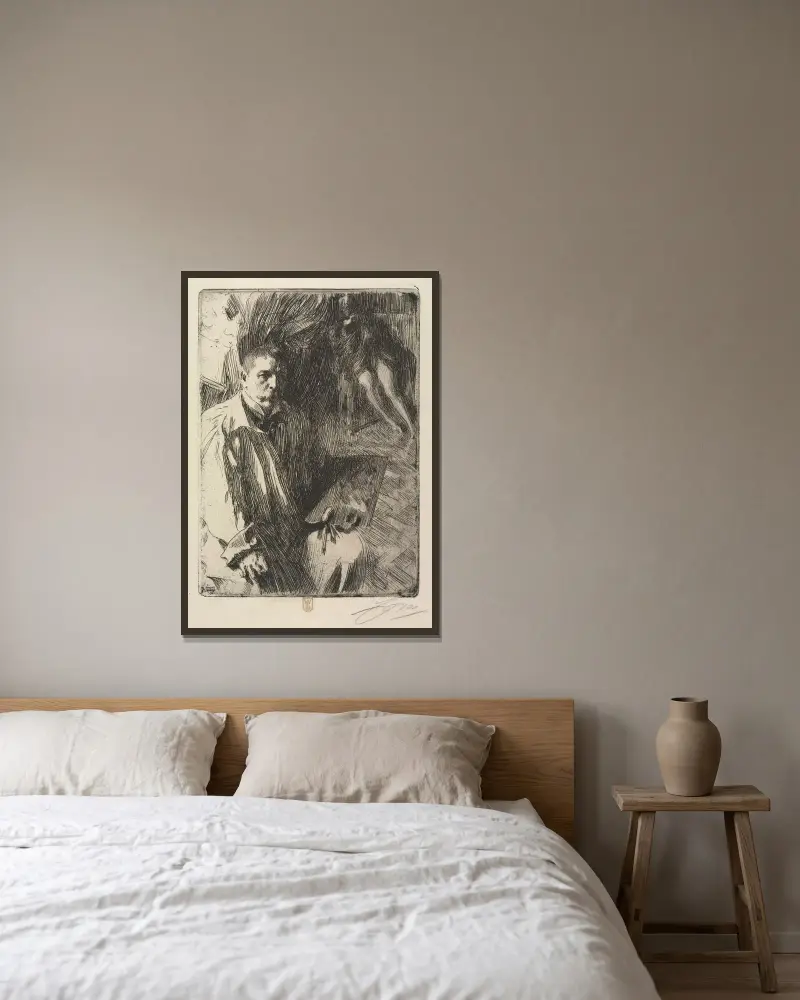 Porträtt av konstnären och hans modell av Anders Zorn inramad på en vägg