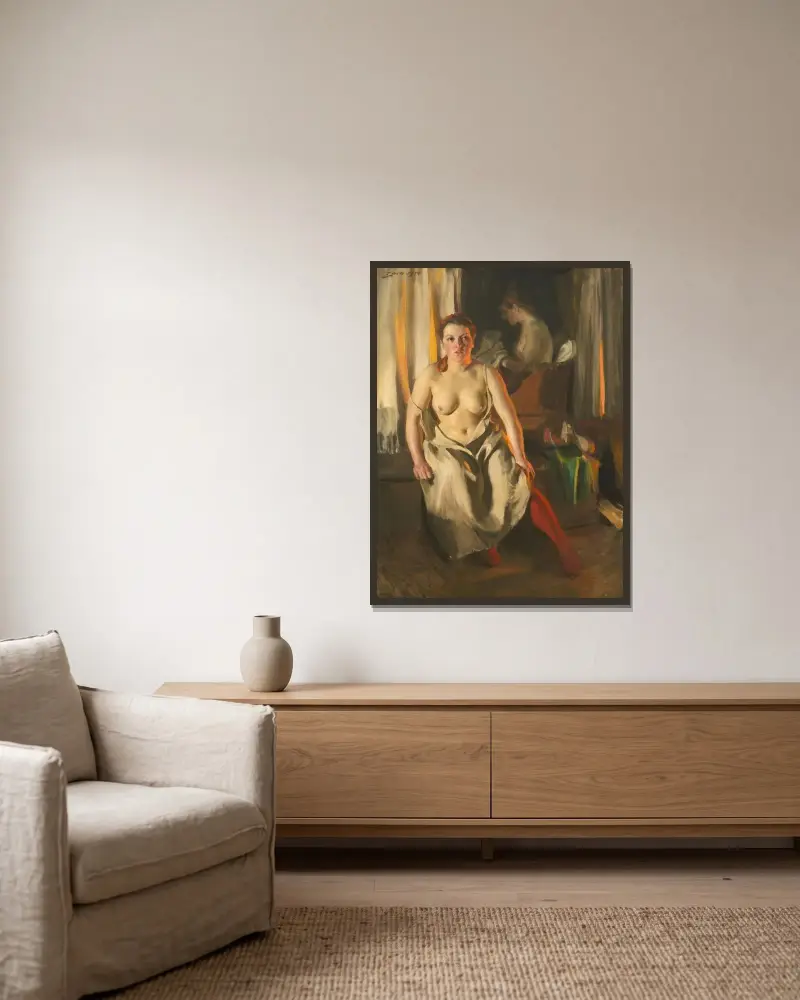 Rote Strümpfe von Anders Zorn gerahmt an einer Wand