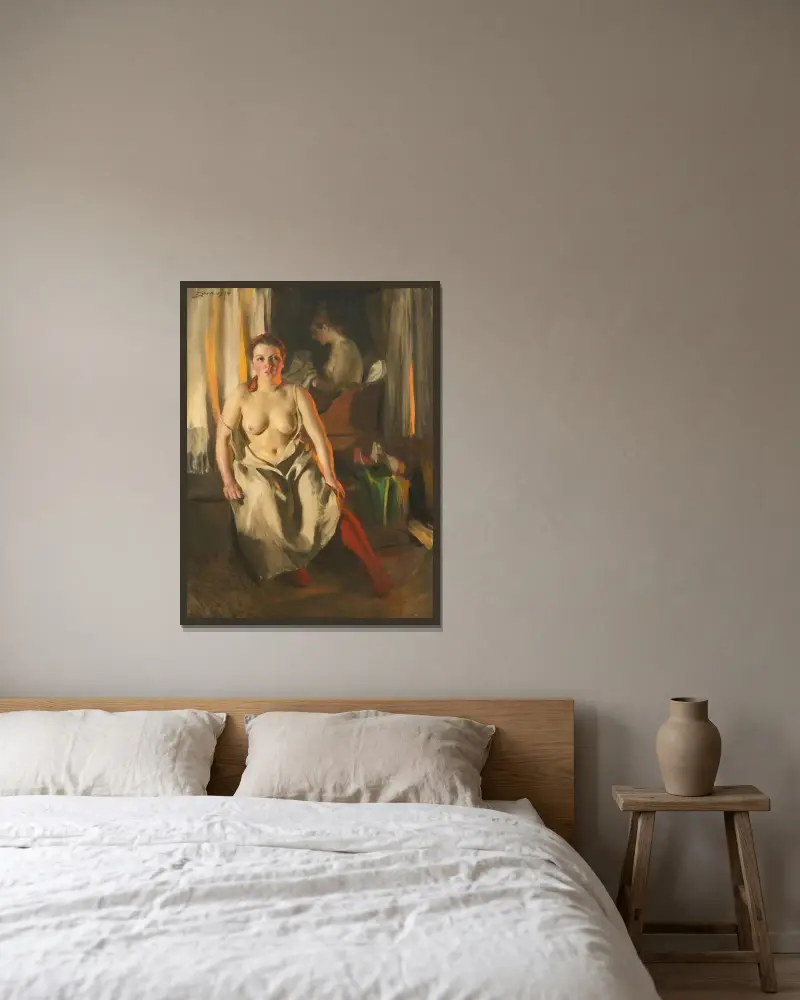 Rote Strümpfe von Anders Zorn gerahmt an einer Wand