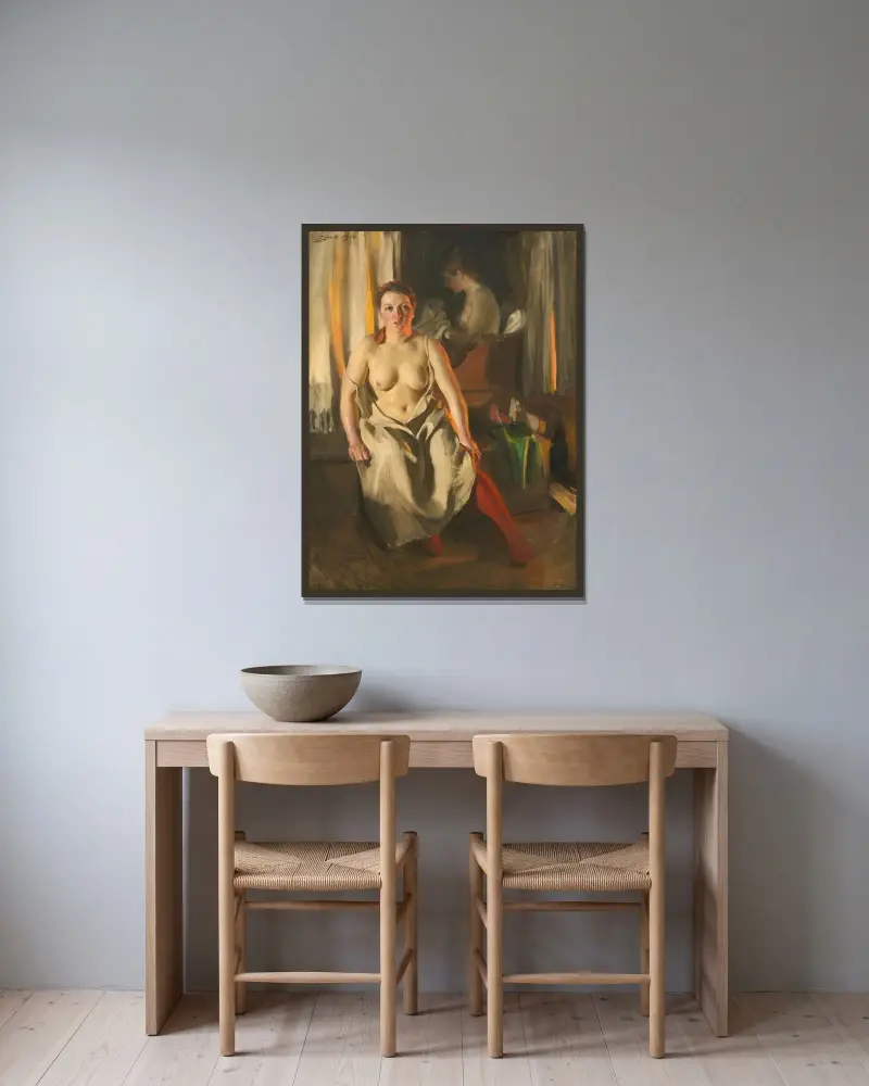 Rote Strümpfe von Anders Zorn gerahmt an einer Wand