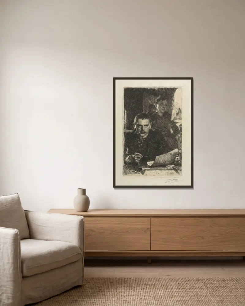 Konstnären och hans hustru av Anders Zorn inramad på en vägg