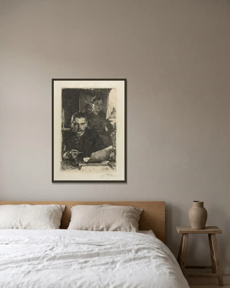 Konstnären och hans hustru av Anders Zorn inramad på en vägg