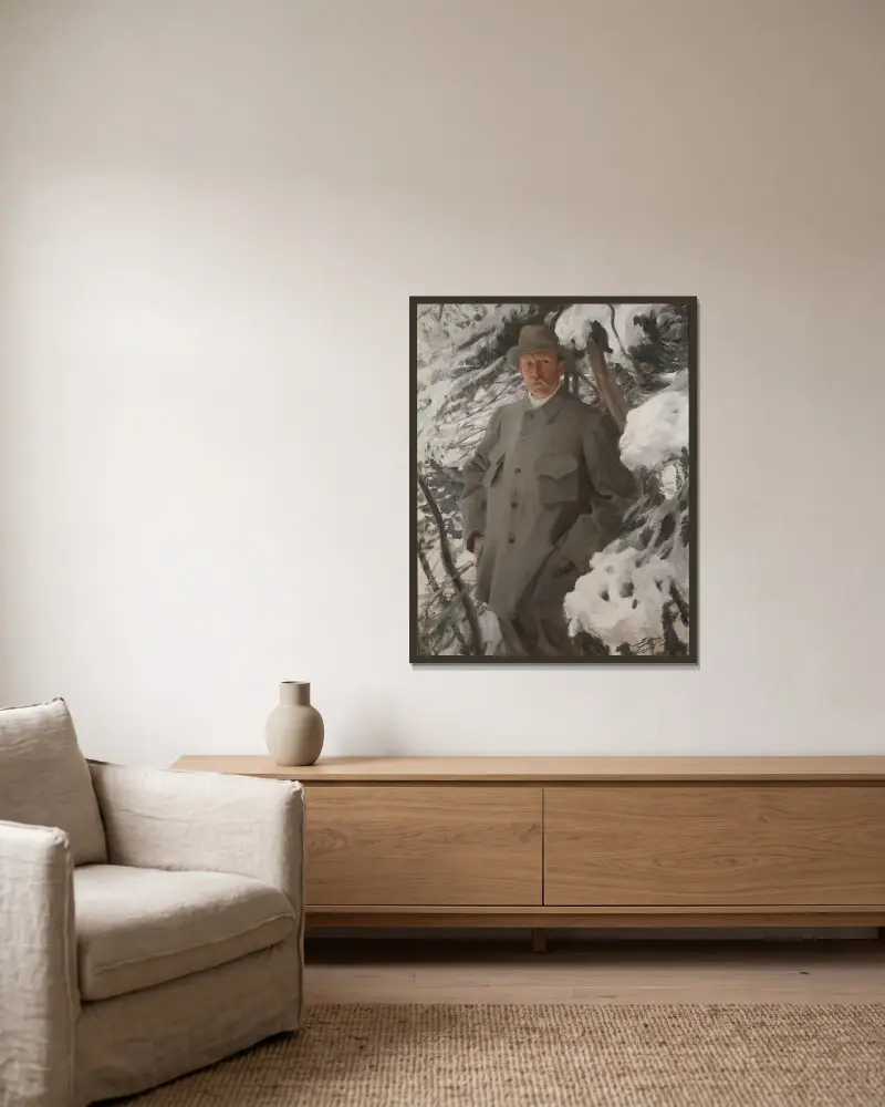 Målaren Bruno Liljefors av Anders Zorn inramad på en vägg