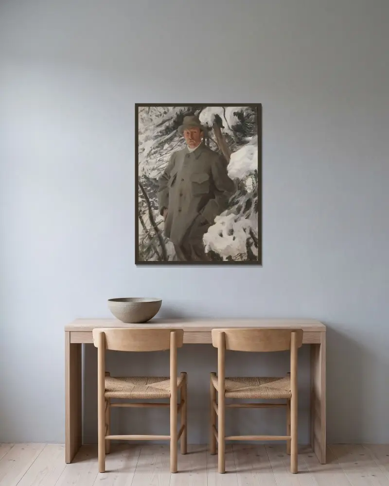 Målaren Bruno Liljefors av Anders Zorn inramad på en vägg