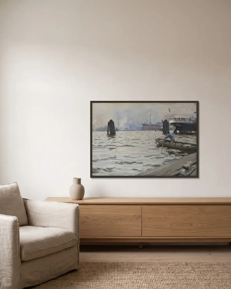 Hamburgs hamn av Anders Zorn inramad på en vägg