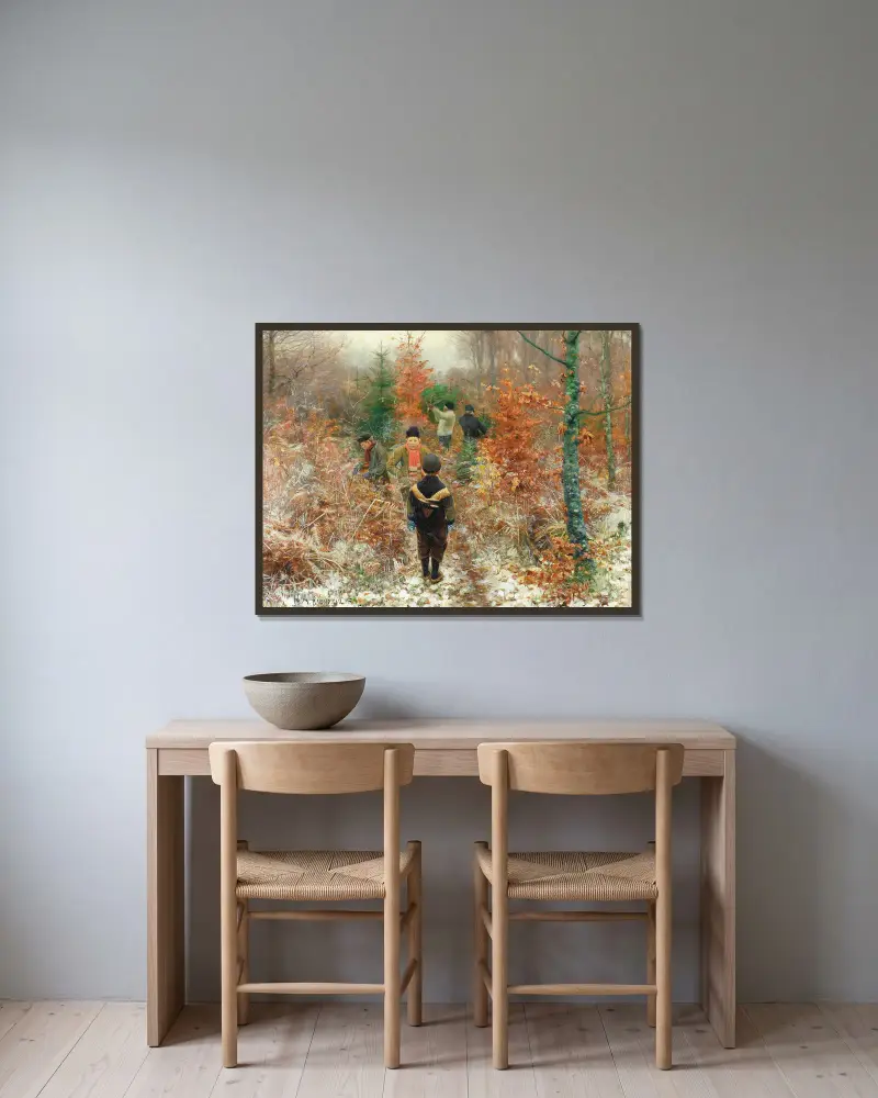 Weihnachtsbaumfällen von Hans Andersen Brendekilde gerahmt an einer Wand