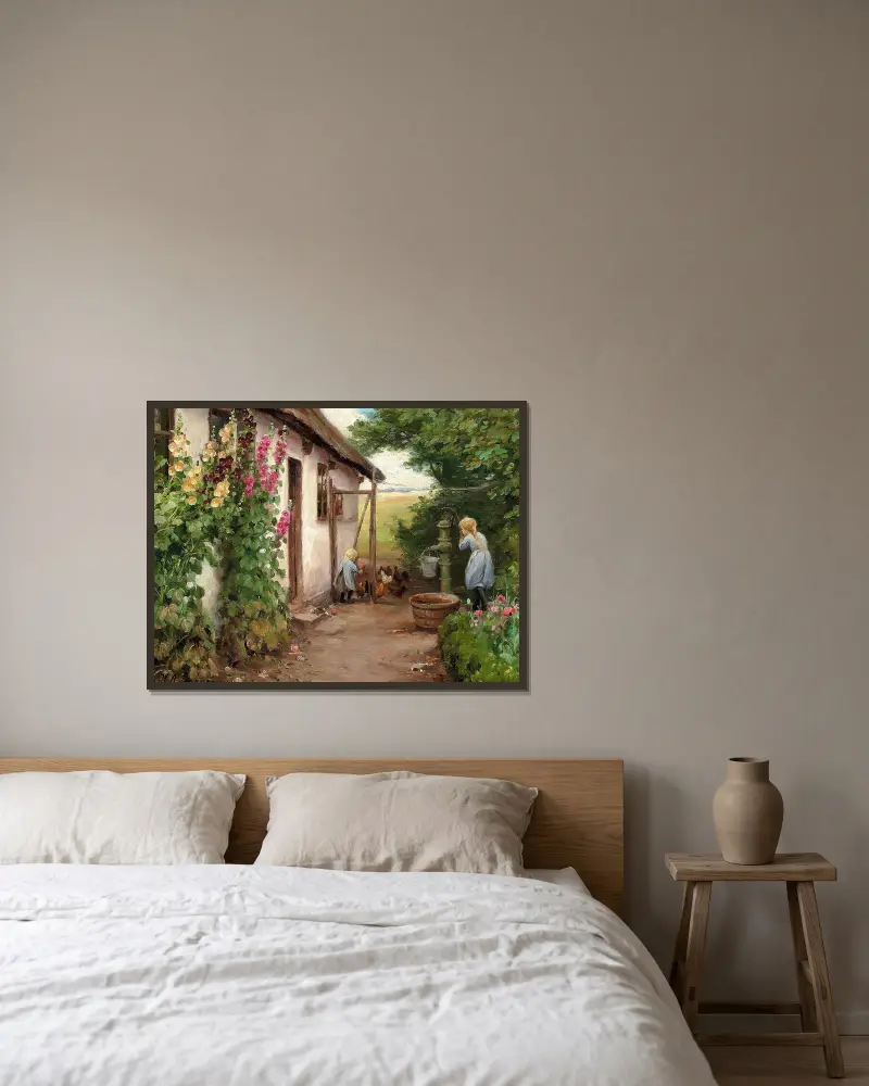 Draußen vor dem Bauernhaus von Hans Andersen Brendekilde gerahmt an einer Wand