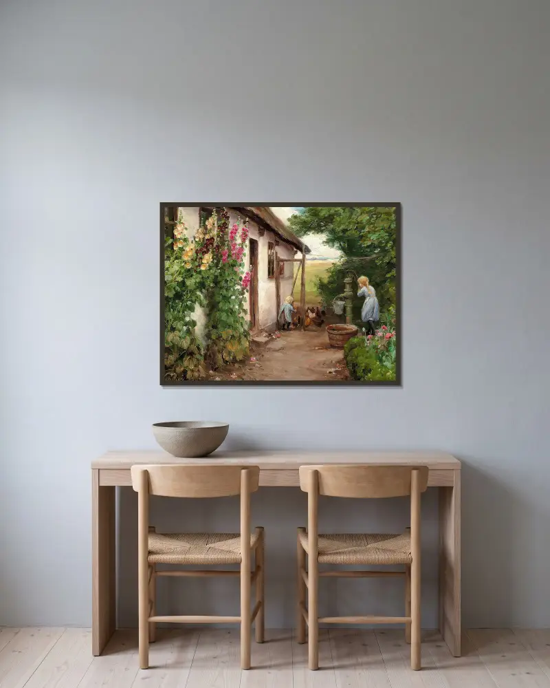 Draußen vor dem Bauernhaus von Hans Andersen Brendekilde gerahmt an einer Wand
