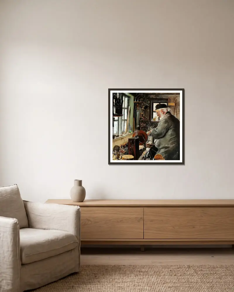 Ein Drechsler an seiner Drehbank von Laurits Andersen Ring gerahmt an einer Wand