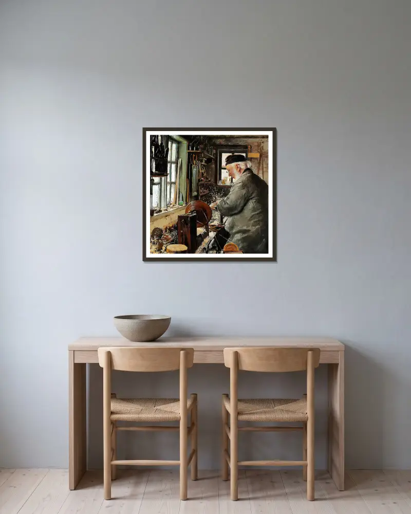 Ein Drechsler an seiner Drehbank von Laurits Andersen Ring gerahmt an einer Wand