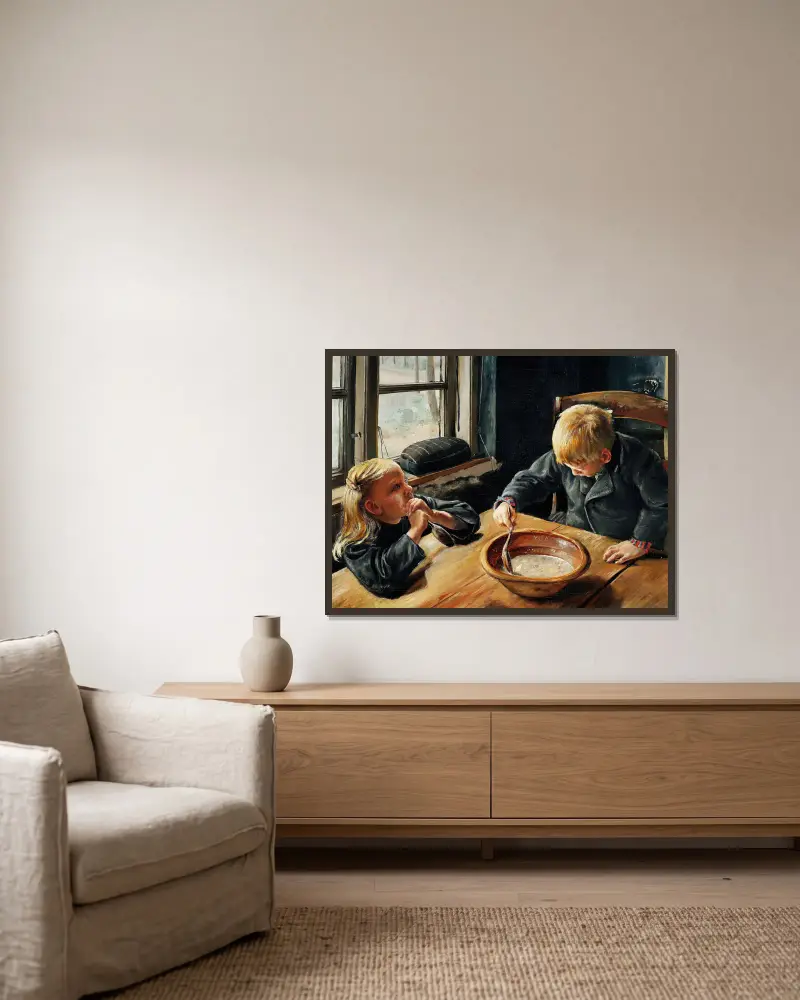 En Dreng og en Pige ved Middagsmaden av Laurits Andersen Ring inramad på en vägg