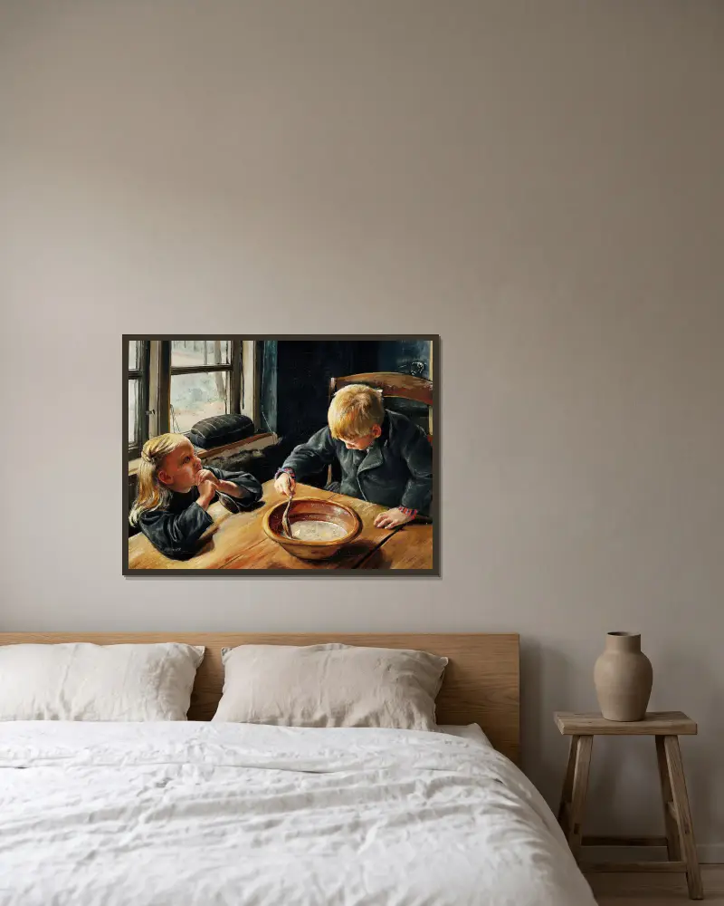 En Dreng og en Pige ved Middagsmaden av Laurits Andersen Ring inramad på en vägg